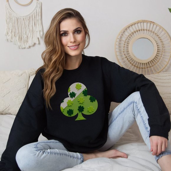 Shamrock Sweatshirt for Saint Patrick Day Color Black Green Clover - Picture 6 of 8